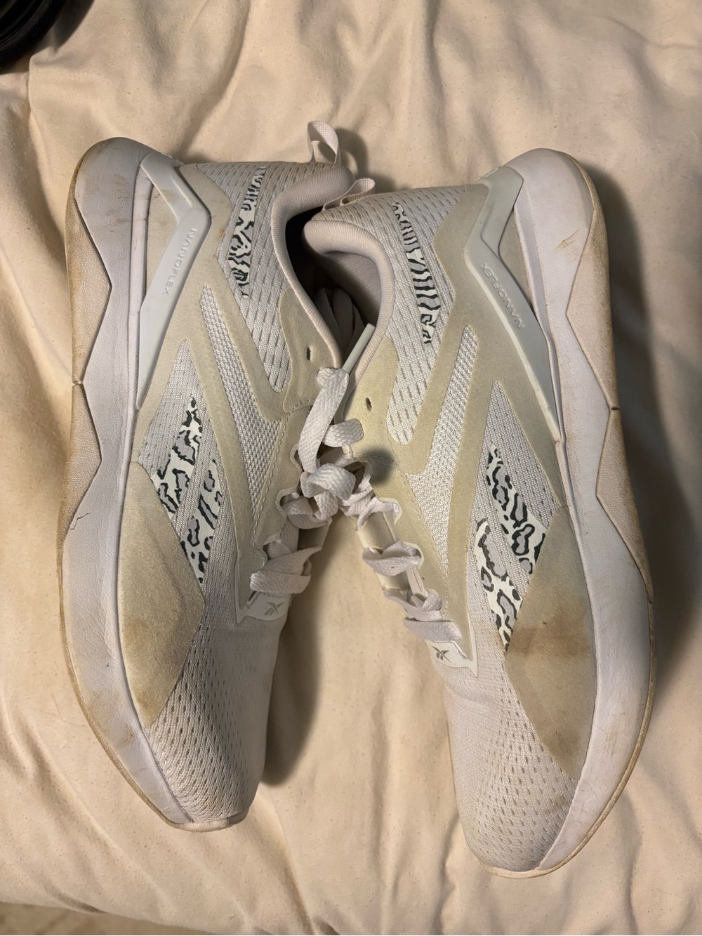 Reebok White and Tan Athletic Sneakers with Subtle Cheetah Print